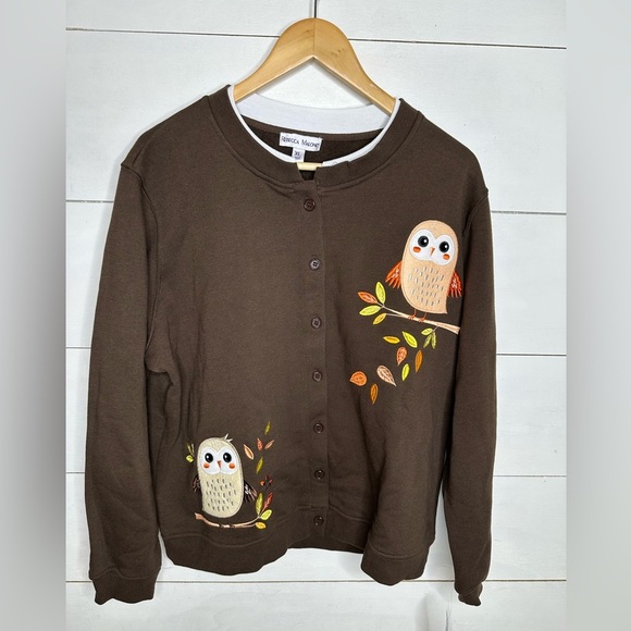 Rebecca Malone Brown Owl Embroidered Button Up Y2K Comfort Sweatshirt - Size XL - Picture 1 of 8